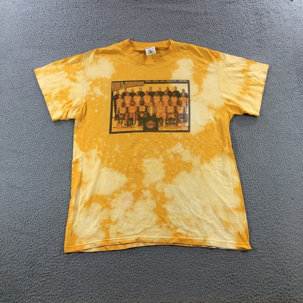 vtg la lakers t shirt mens M yellow bleach spots 1999-2000 world champion roster